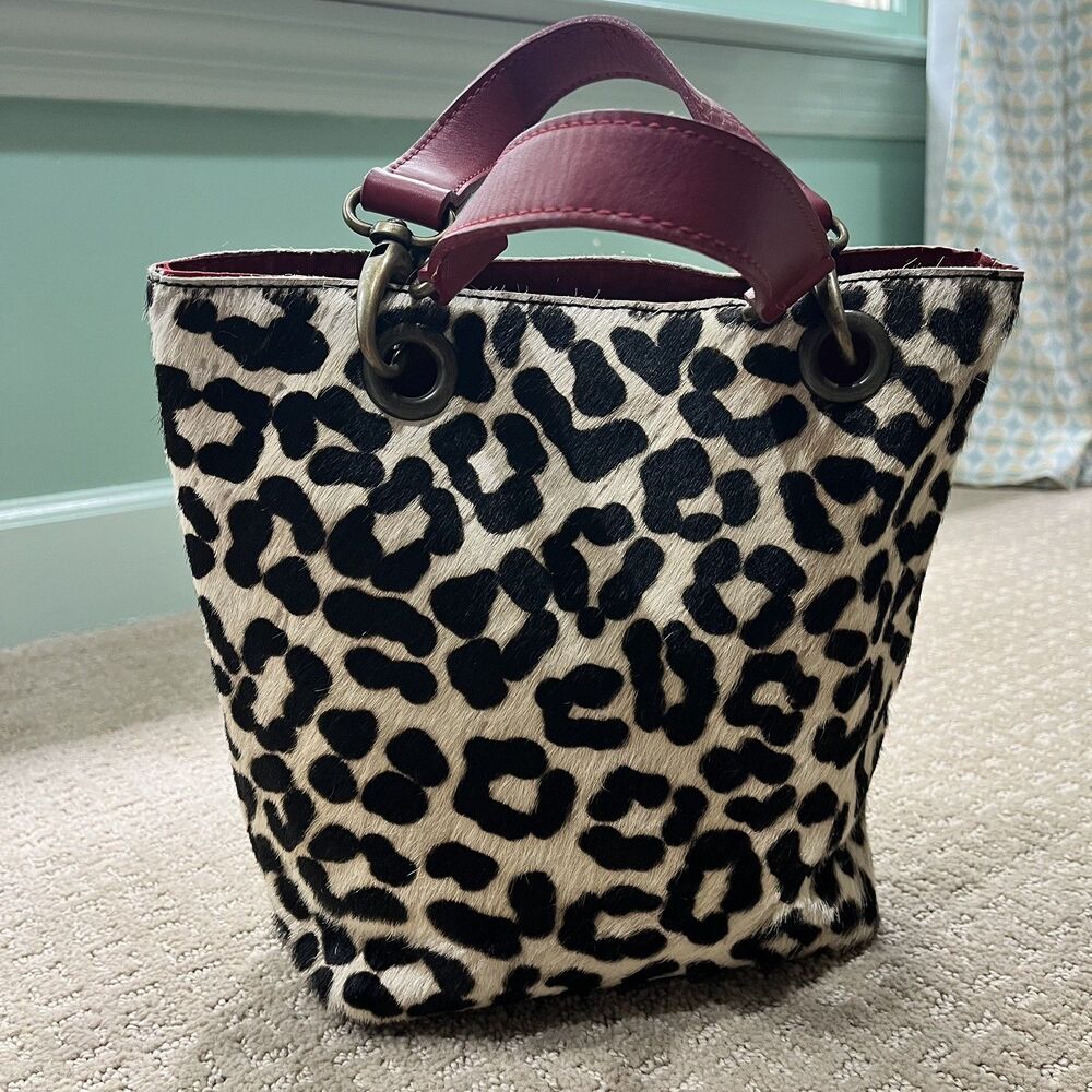 Maurizio Taiuti Leopard Hair-On Leather Tote Handbag Red Trim Double Handle Chic